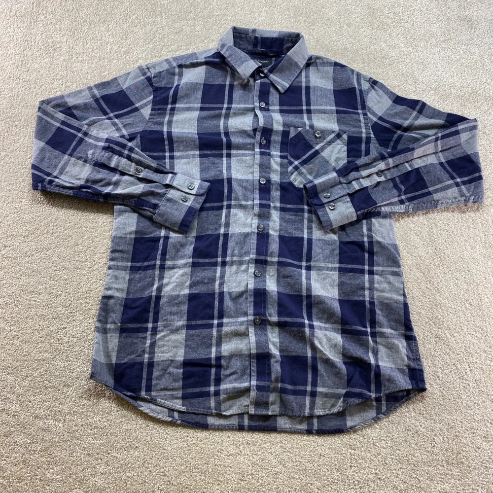 Banana Republic Flannel‎ Shirt Mens Medium Blue Grey Plaid Standard Fit Cotton